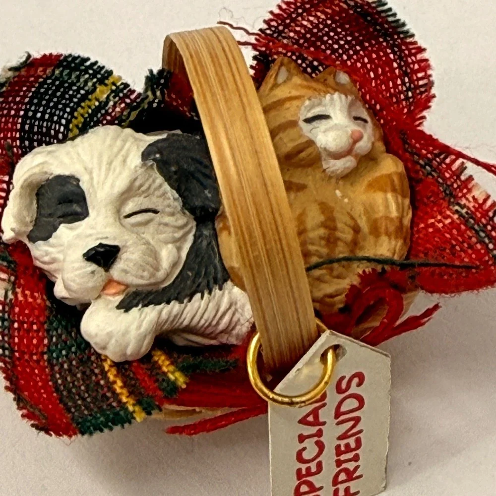 1991 Hallmark Keepsake Miniature Ornament Special Friends Dog Cat Wicker Basket